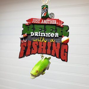 Trimmery Outdoor Collection Resin Fish Sign Christmas Ornament Beer Drinker NWT
